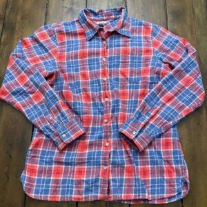 LL Bean Women's Large Flannel Button Up‎ Long Sleeve Shirt Red Blue Plaid Size M